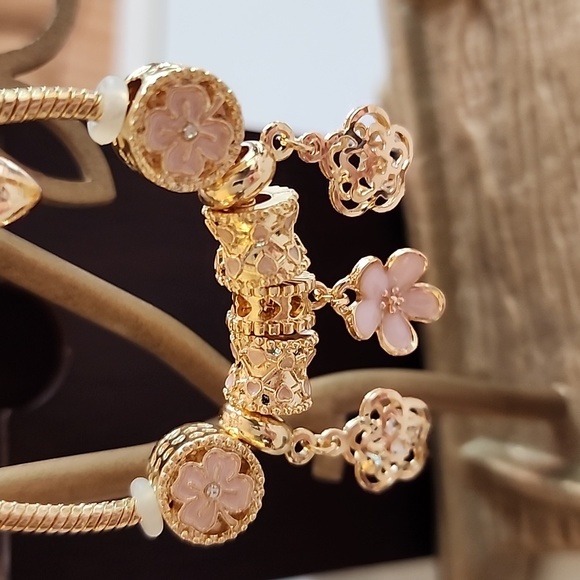 Flower Theme Gold PINK ENAMEL 7 Charm Beautiful Cutout Flowers - Picture 5 of 5